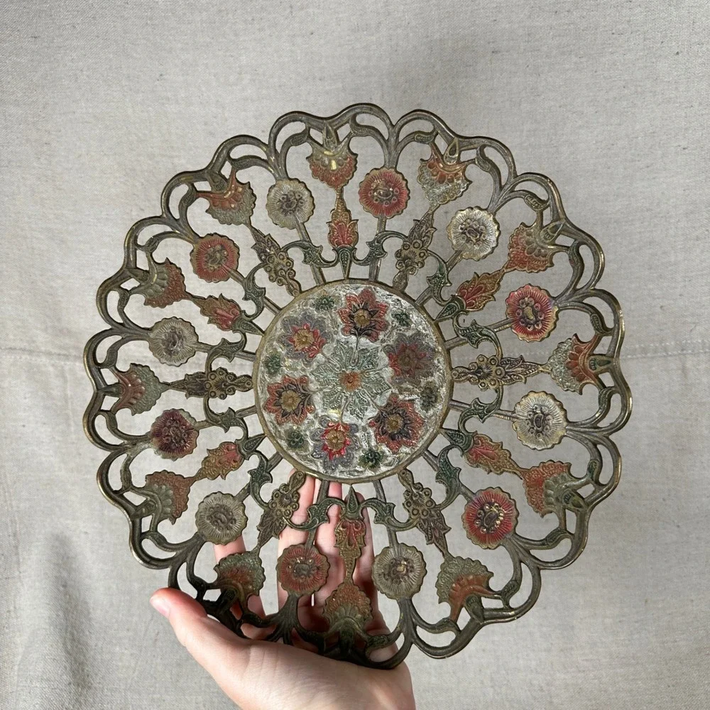 Vintage Pierced Brass Enamel Floral Mandala Bowl 11 Inch Decor Bohemian Tray
